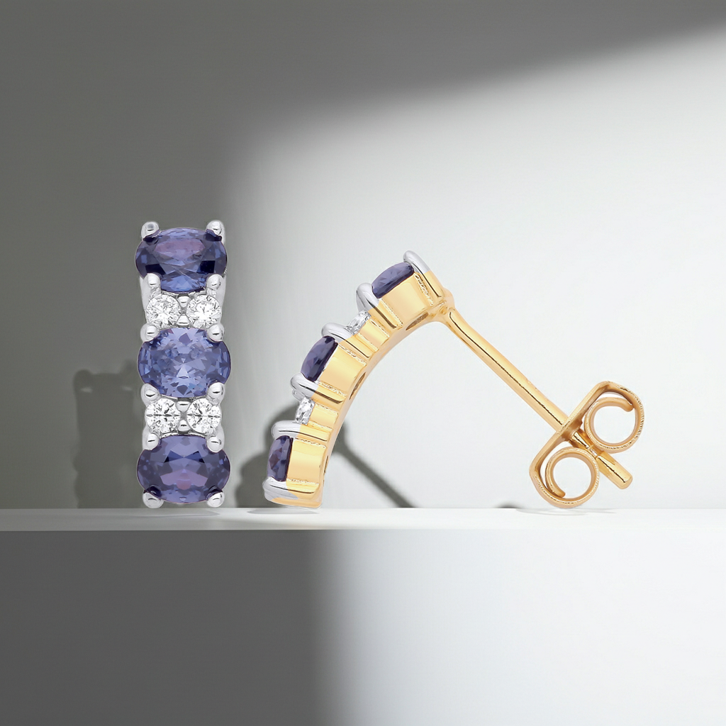 18ct Gold Tanzanite Drop Stud Earrings on Solid Sterling Silver 925 Hallmark