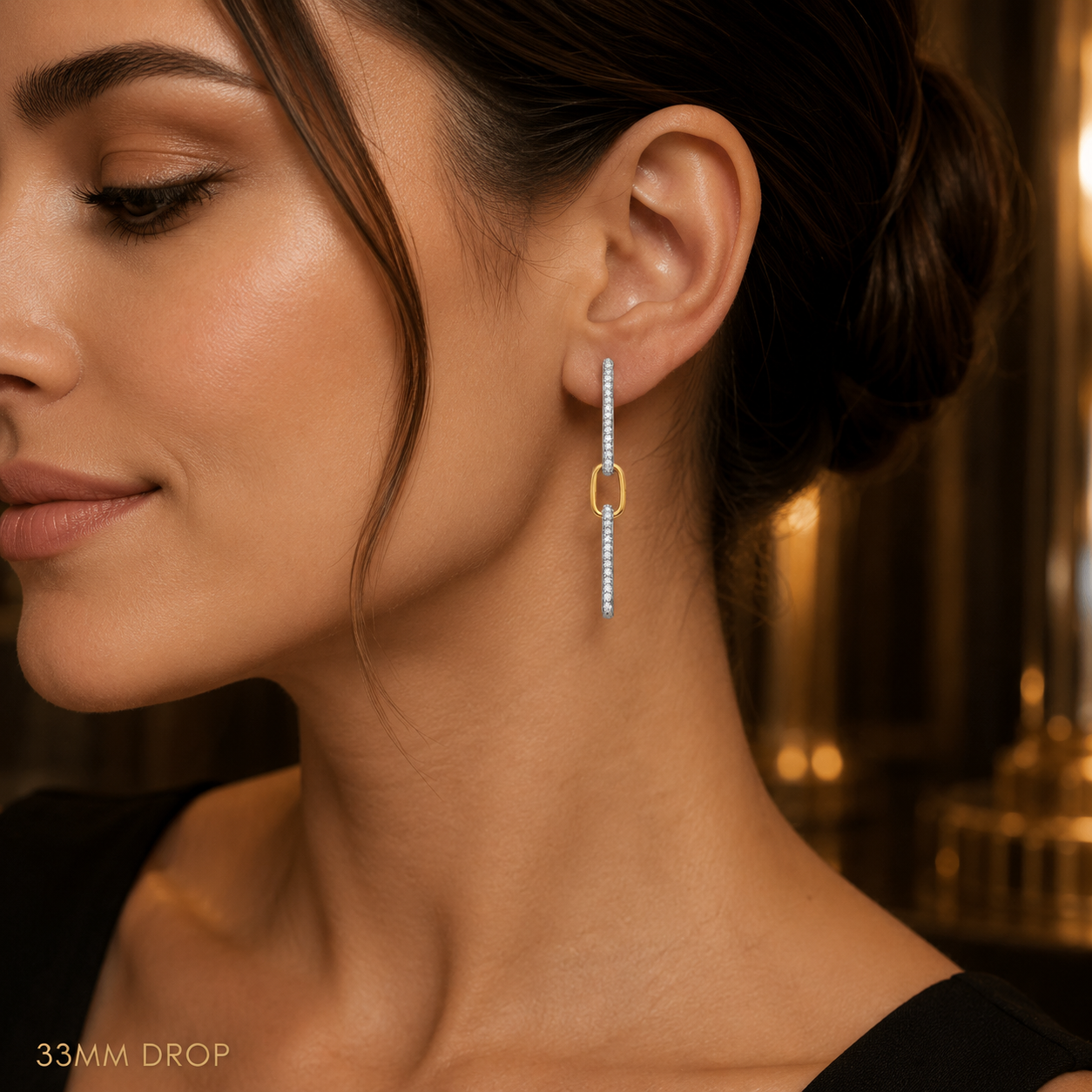 Elegant Natural Diamond Link Drop Earrings | White & Yellow Gold | 33mm