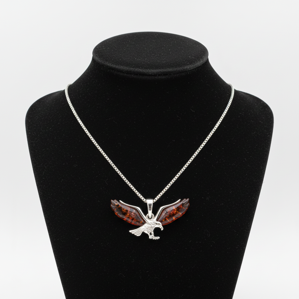 Natural Amber Eagle Pendant Solid Sterling Silver 925 Hallmark 18" Chain