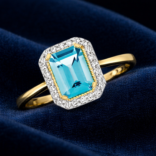 9ct Yellow Gold Blue Topaz and Diamond Ring Emerald Cut Cluster Size JKLMNOPQ
