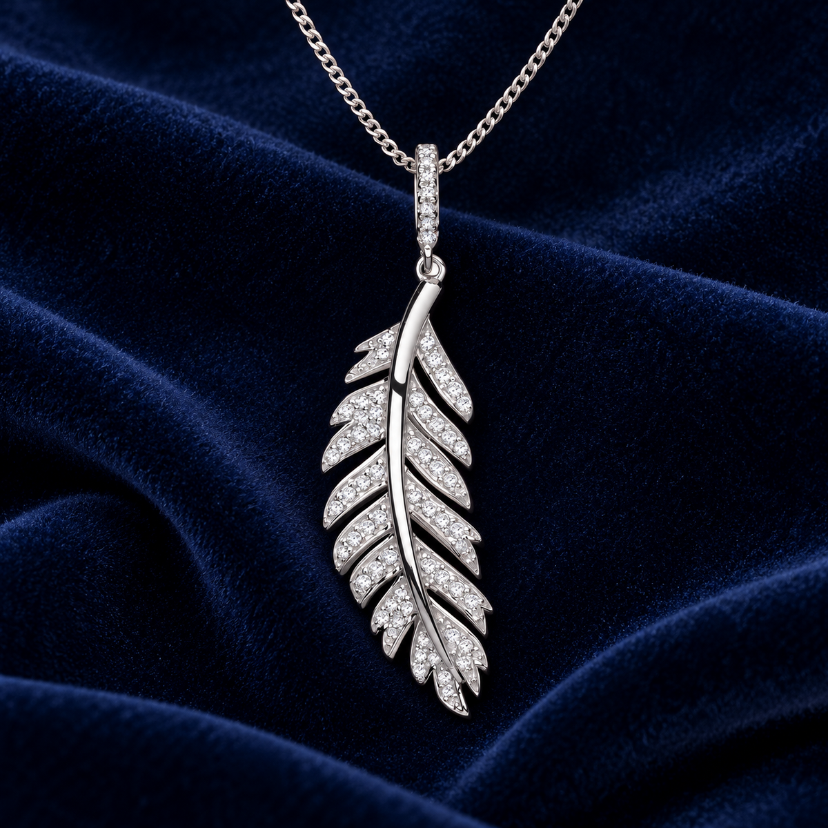 Real Diamond Feather Pendant Necklace 9ct White Gold 18" Chain 0.30ctw Diamonds