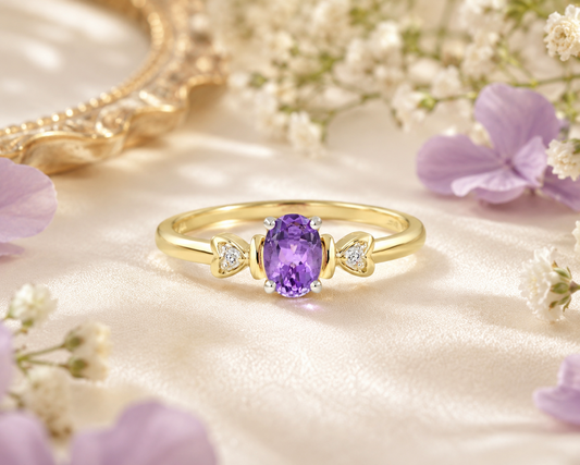 Natural Oval Amethyst & Diamond Heart Accent Ring Yellow Gold Size JKLMNOPQ
