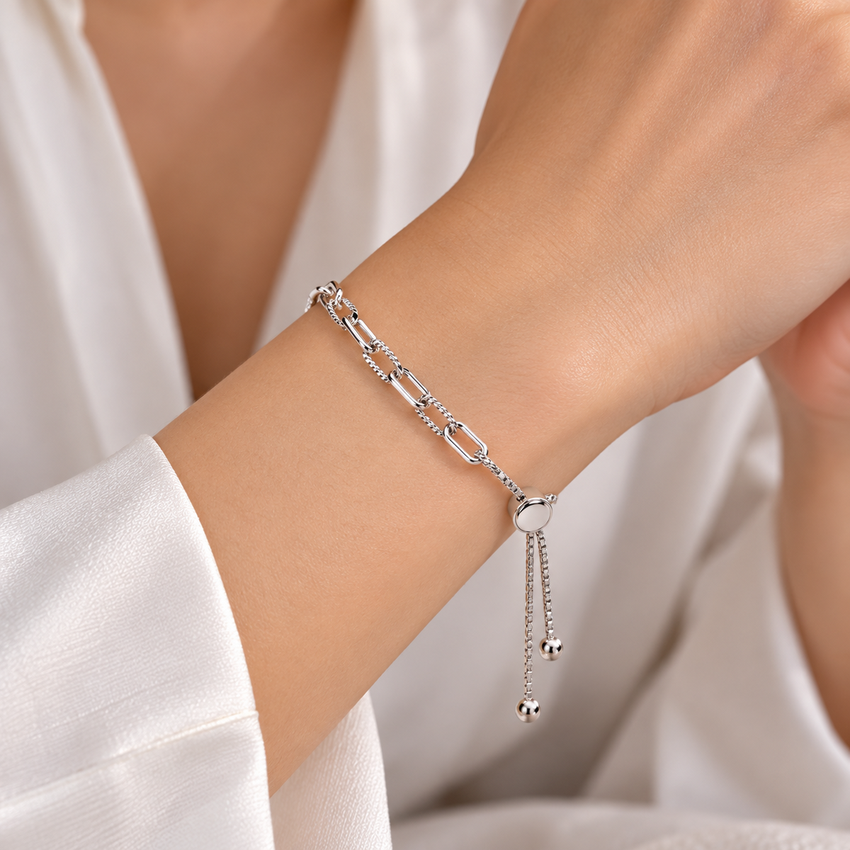 Sterling Silver Adjustable Bolo Slider Bracelet Paperclip Chain Ball Ends 925