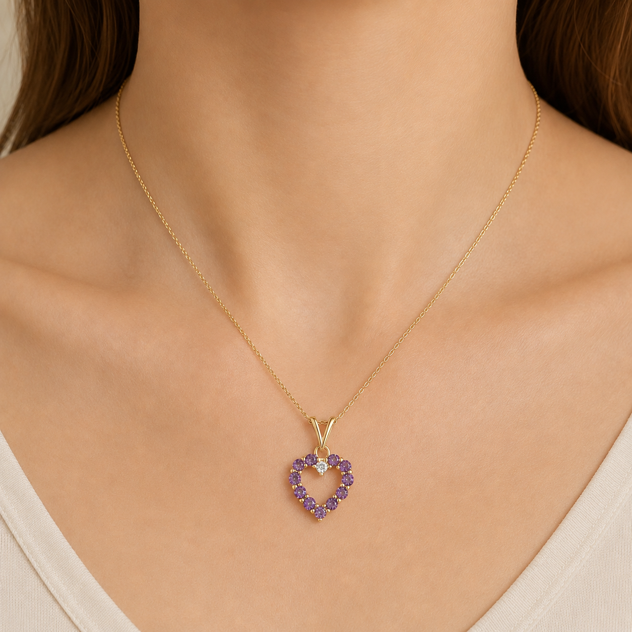 Amethyst & Diamond Heart Pendant Necklace Yellow Gold Fine Jewellery Gift