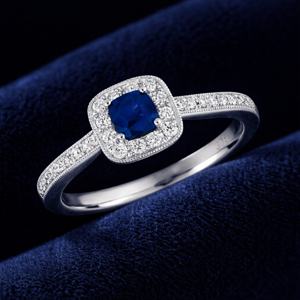 Sapphire and Diamond Ring 9ct White Gold Cushion Square Cluster Size J-Q