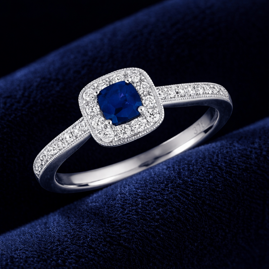Sapphire and Diamond Ring 9ct White Gold Cushion Square Cluster Size J-Q