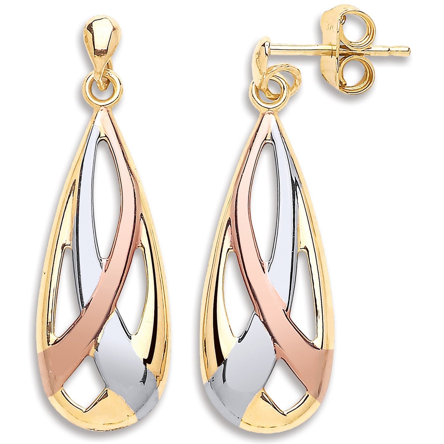Three Colour Gold Teardrop Earrings 9ct Yellow White and Rose Drops Hallmarked