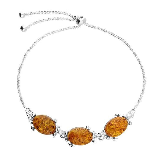Cognac Amber Triple Tortoise Slider Bracelet Solid Sterling Silver