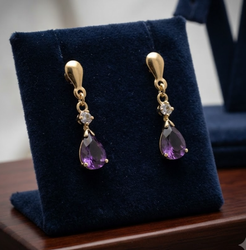 9ct Gold Drop Earrings with Amethyst and Diamond Accents, Pierced Design