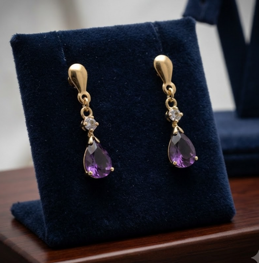 9ct Gold Drop Earrings with Amethyst and Diamond Accents, Pierced Design