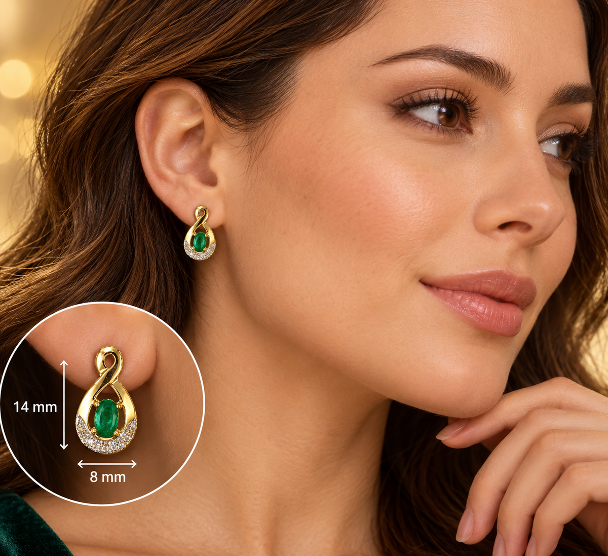 Emerald and Diamond Earrings Yellow Gold Twist Stud Hallmarked Natural Stones