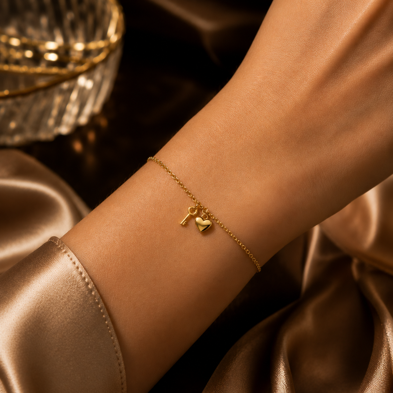Heart & Key Charm Bracelet 9ct Yellow Gold 375 Hallmark 17-19cm