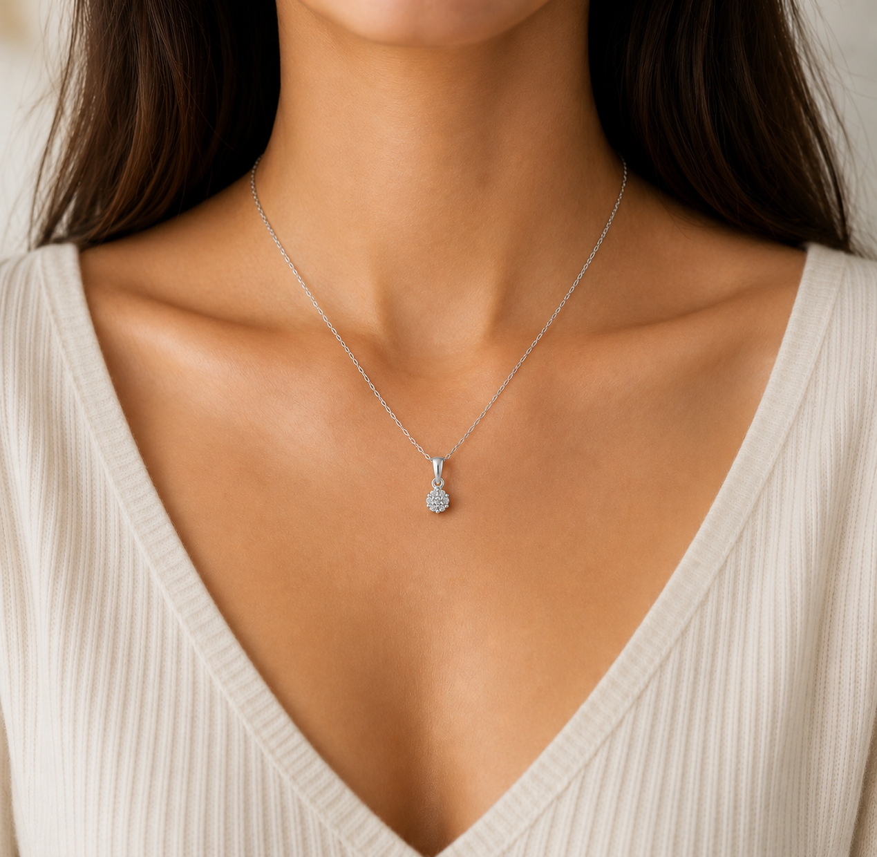 Natural Diamond Cluster Pendant 9ct White Gold 18" Chain Hallmark British Made