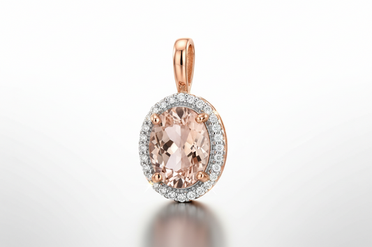 9ct Rose Gold Morganite and Diamond Pendant Oval Halo Cluster Necklace