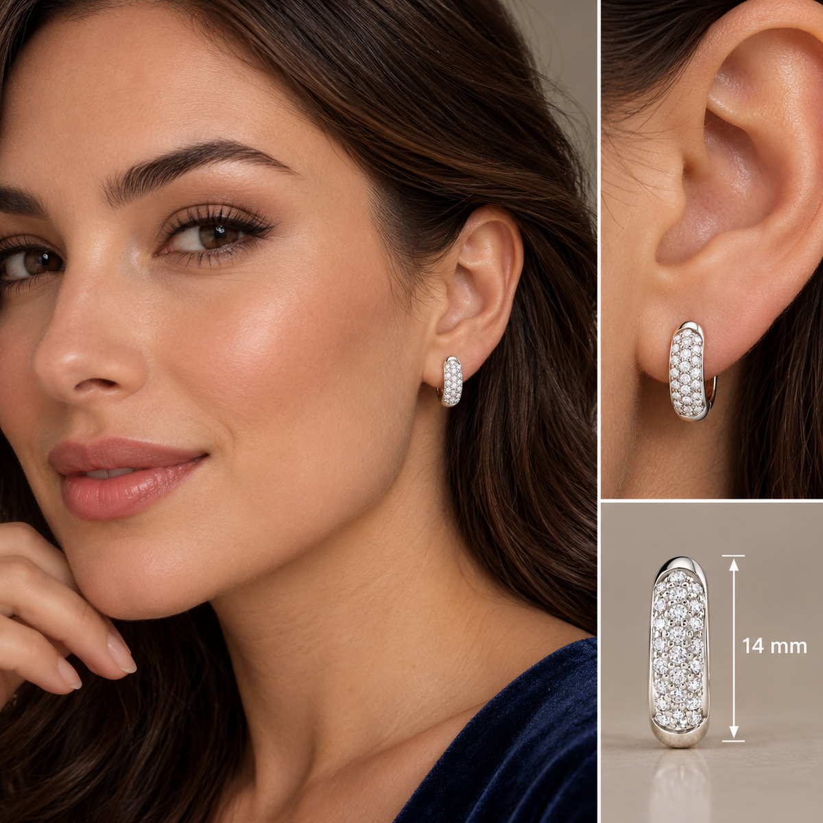 Real Diamond Huggie Hoop Earrings 9ct White Gold 14mm Diameter 0.42ctw Diamonds
