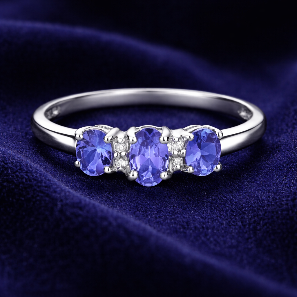 Real Tanzanite and Diamond Ring 9ct White Gold Trilogy Three Stone Size J - Q