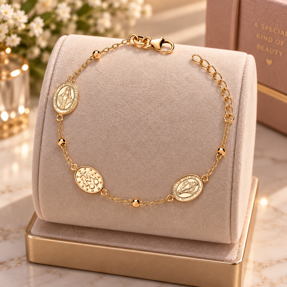 18ct Gold Religious Miraculous Medal Bracelet Virgin Mary on Sterling Silver