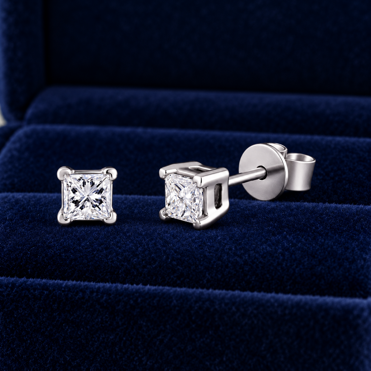 Square Diamond Solitaire Earrings 18ct White Gold 1.00ctw Princess Real Diamonds