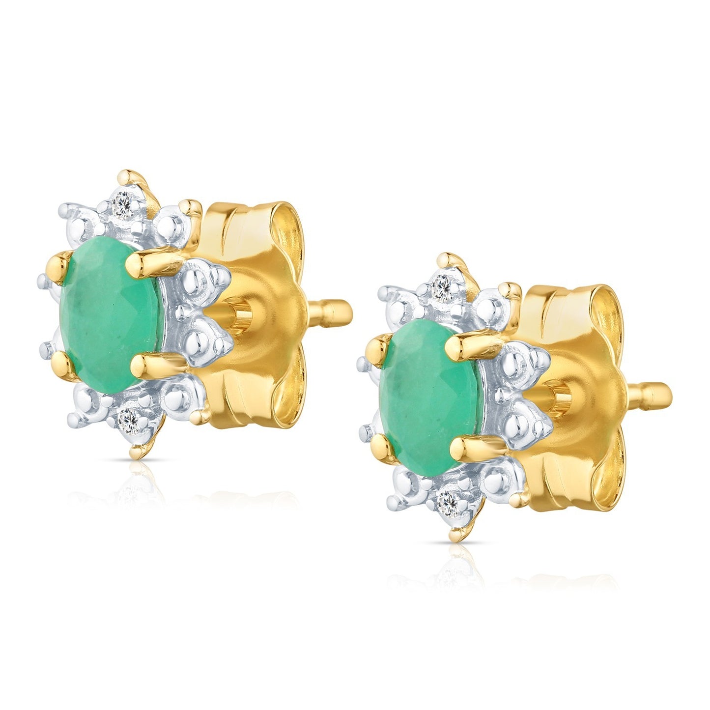 Natural Emerald & Diamond Halo Stud Earrings 9ct Yellow Gold 375