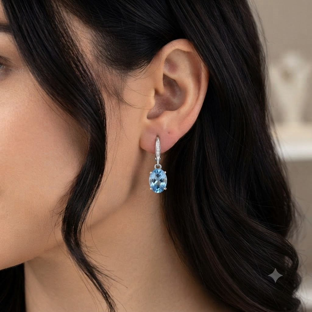 White Gold Oval Light Blue Topaz & Diamond Accent Leverback Drop Earrings New