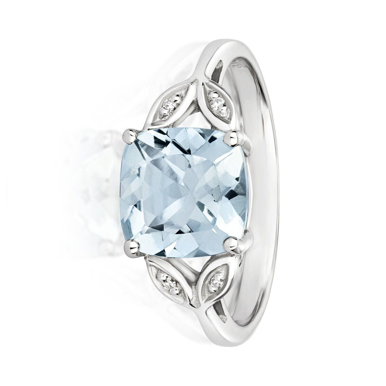Real Aquamarine and Diamond Ring Solid White Gold Cushion Gem Size JKLMNOPQ