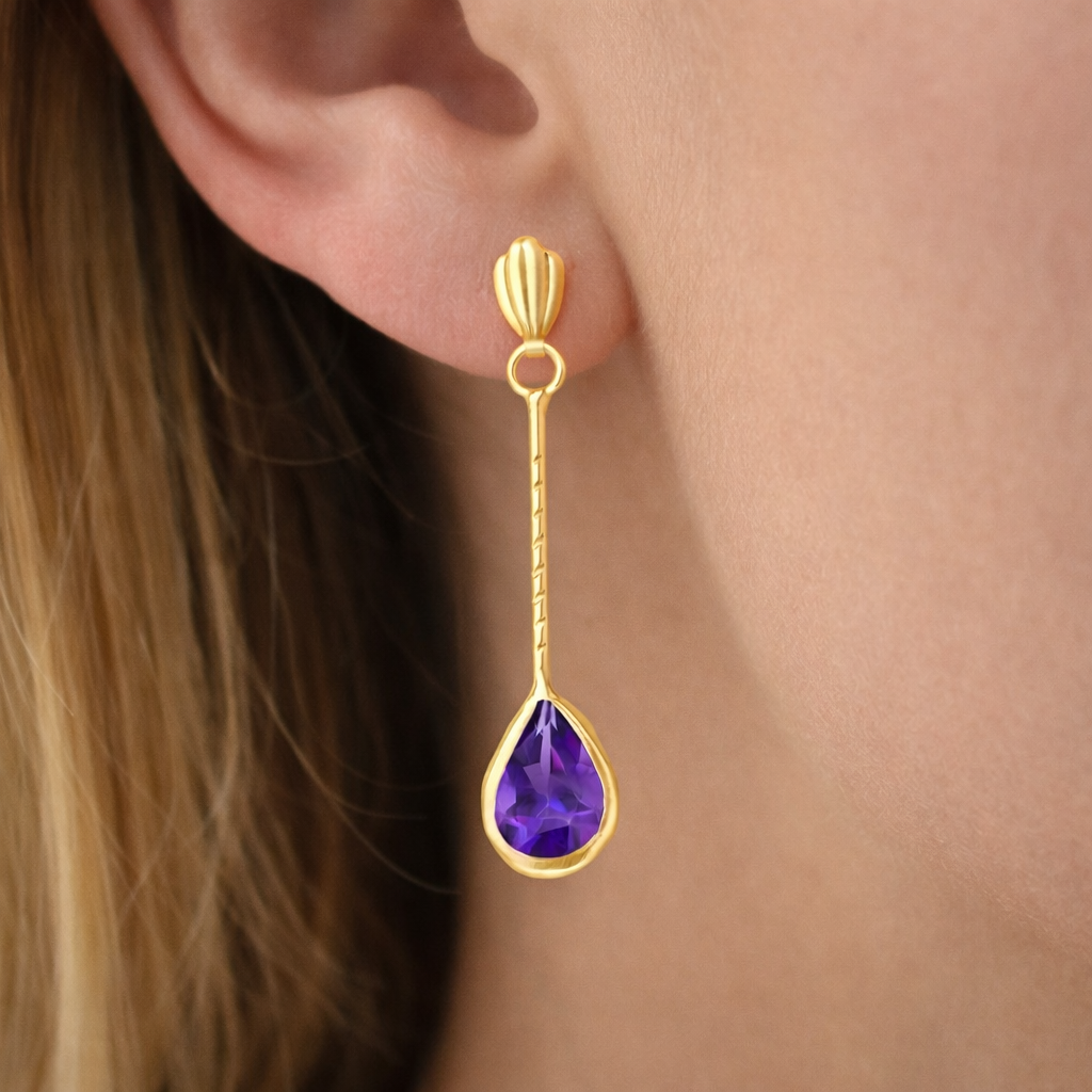 Natural Amethyst Pear Earrings Solid 9ct Yellow Gold Stick Drops Hallmarked