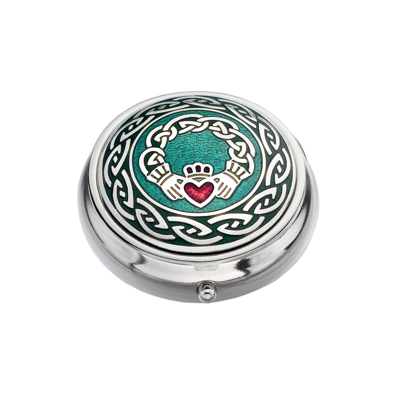 Pillbox Silver Plated Claddagh Celtic Design Green Brand New and Boxed