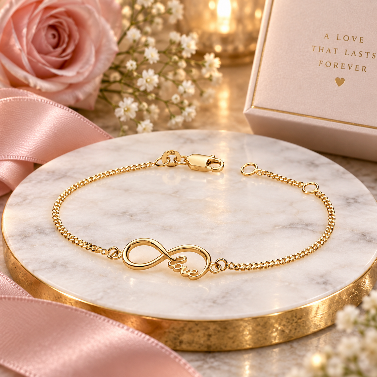 18ct Gold Infinity Love Bracelet on Solid Silver – Elegant Romantic Gift for Her