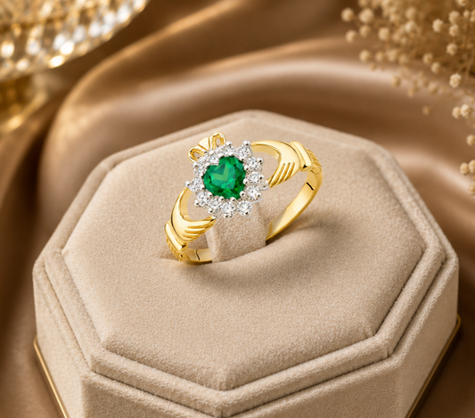 Emerald Claddagh Ring in Solid 9ct Yellow Gold Hallmarked Sizes LMNOPQRS