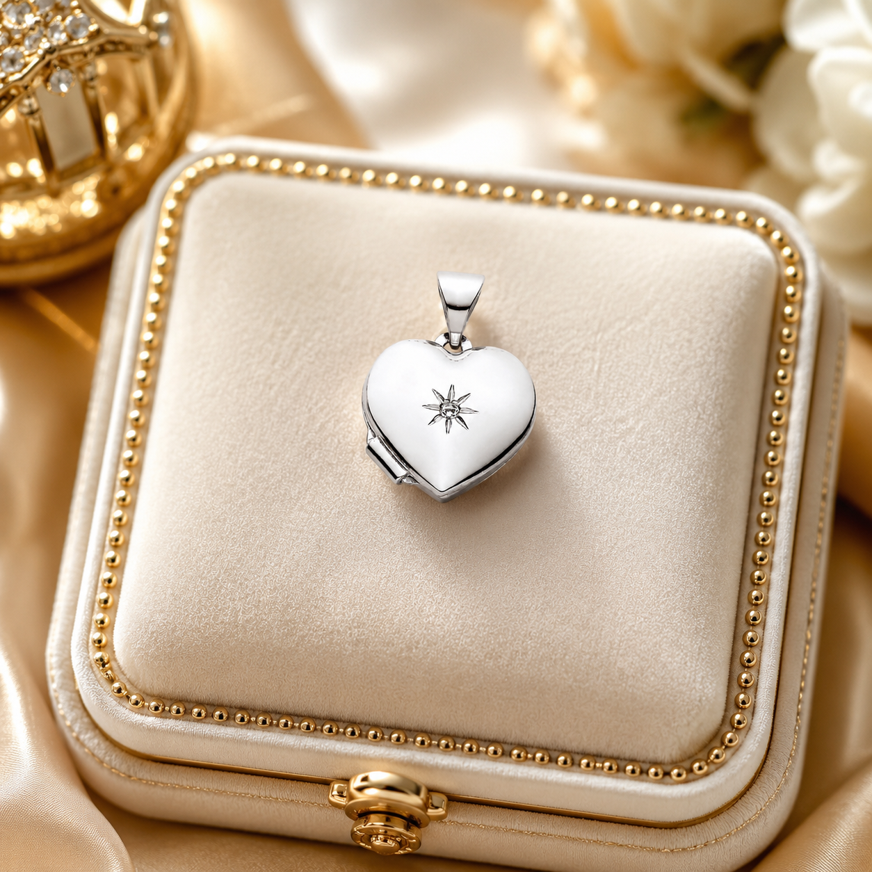 Heart Shaped Silver Locket Pendant with Natural Diamond 18" Chain 925 Hallmark