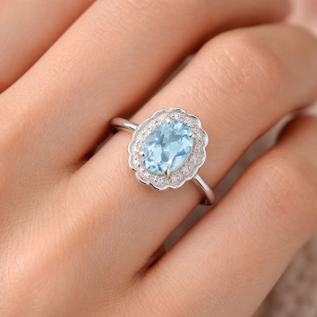 Aquamarine and Diamond Ring Solid White Gold Cluster Engagement Size J - Q