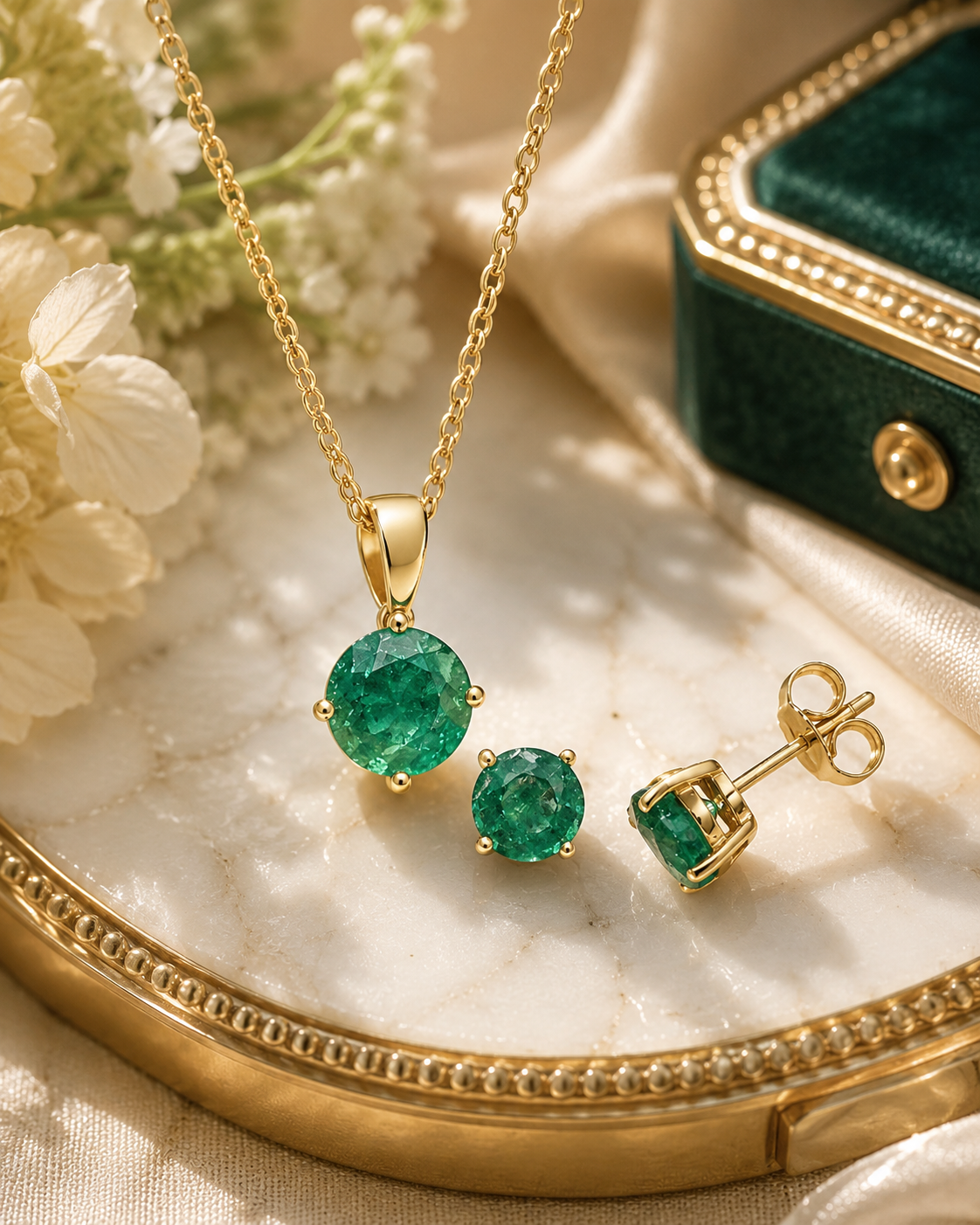 Classic Emerald Solitaire Pendant on Chain Matching Stud Earrings Yellow Gold