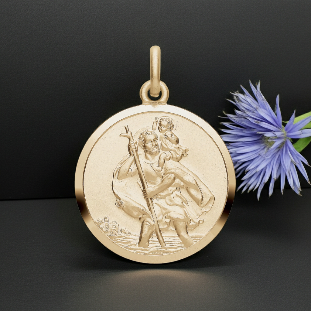 18ct Gold St Christopher Pendant on Solid Sterling Silver 925 Hallmark 28mm