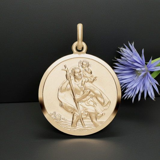 18ct Gold St Christopher Pendant on Solid Sterling Silver 925 Hallmark 28mm