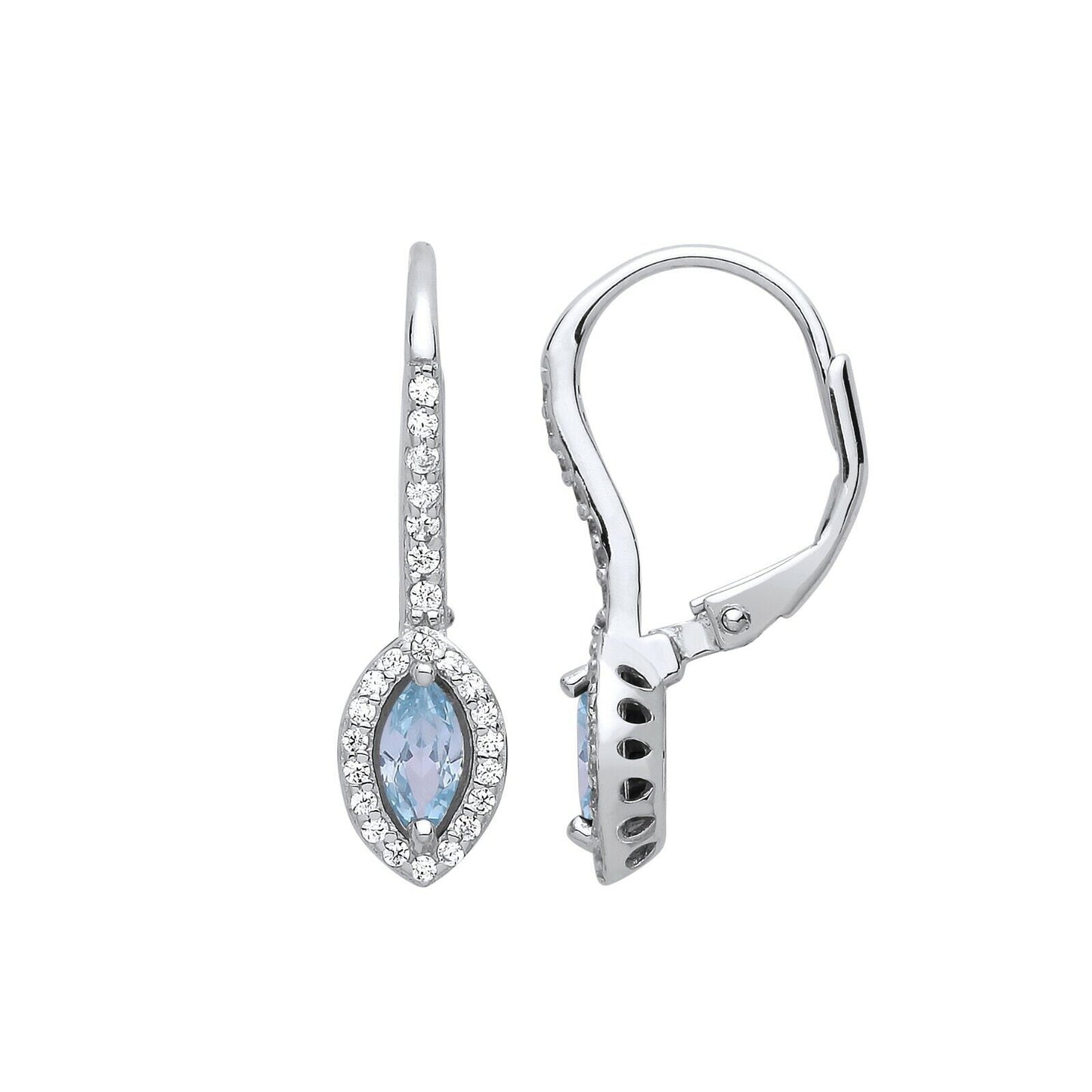 Aquamarine Marquise Hoop Drop Earrings Sterling Silver Rhodium Plate 925 Stamp