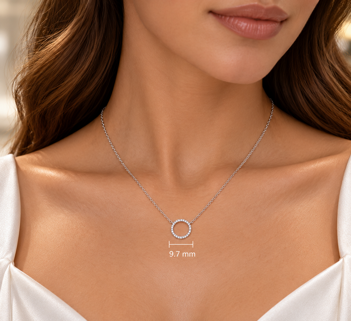 Elegant Diamond Circle Pendant Necklace White Gold 17" / 43cm