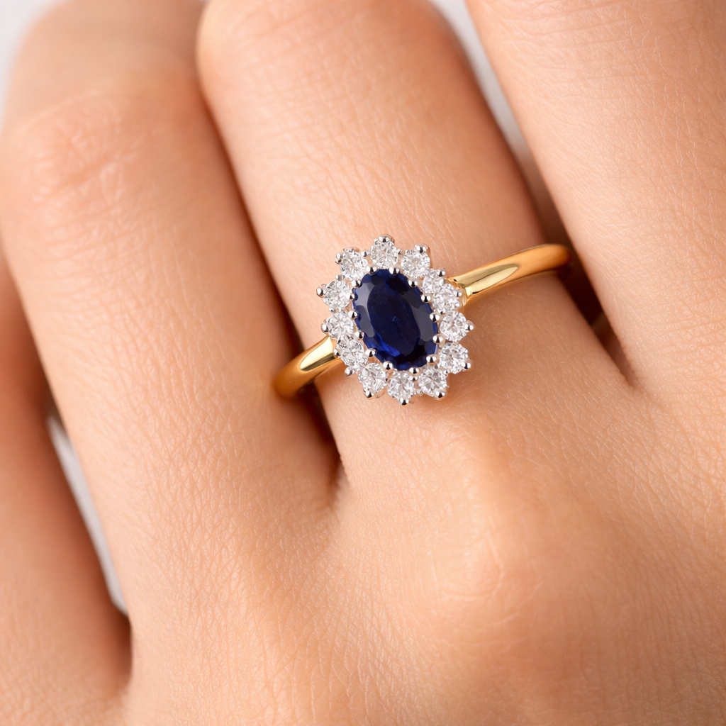 Sapphire and Diamond Ring 9ct Yellow Gold Oval Cluster Size J K L M N O P Q