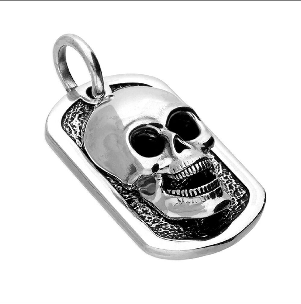 Oxidised Skull Dog Tag Pendant Men's 925 Solid Sterling Silver 925 Hallmarked