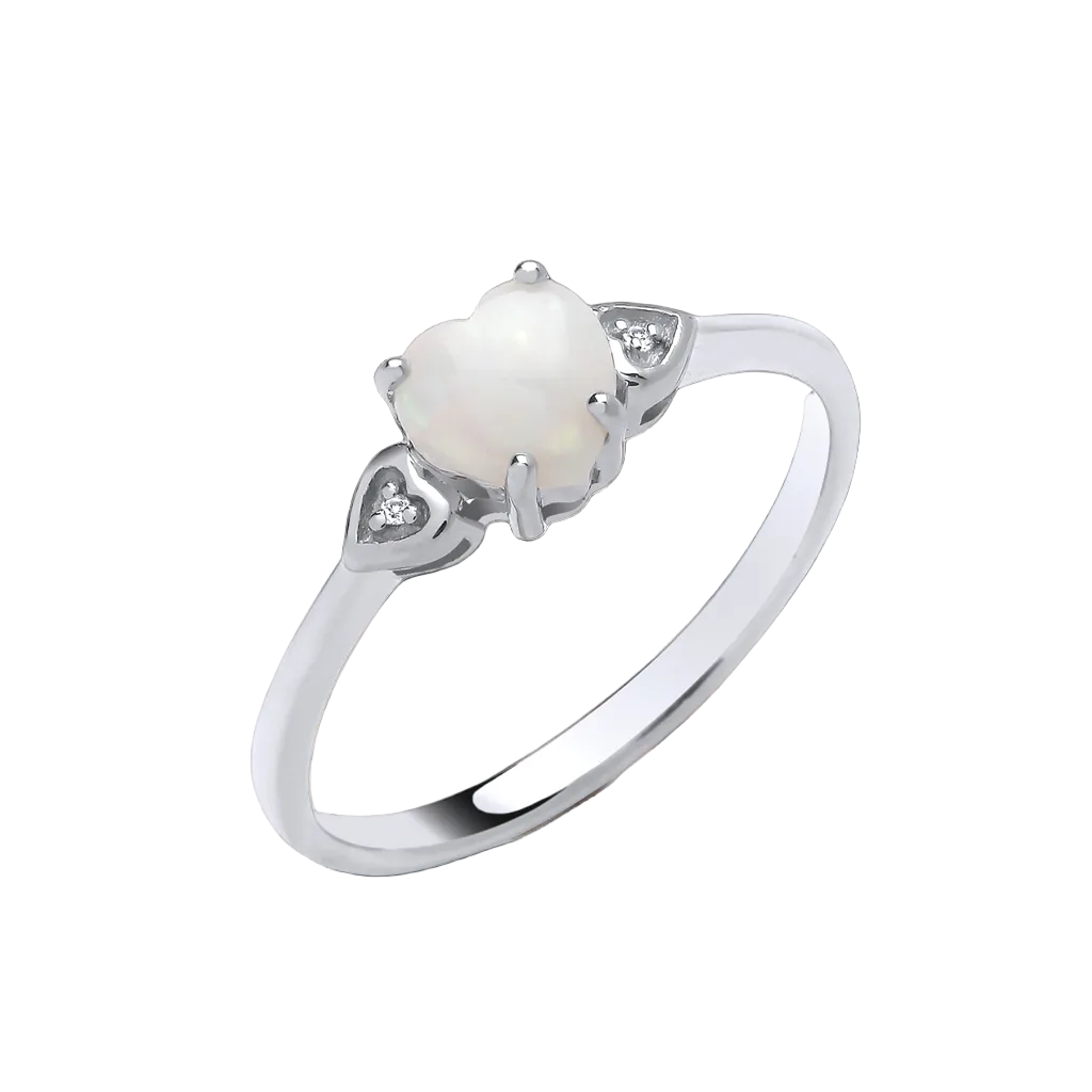 Natural Opal Heart and Diamond Ring Solid Solid Sterling Silver Size J - V