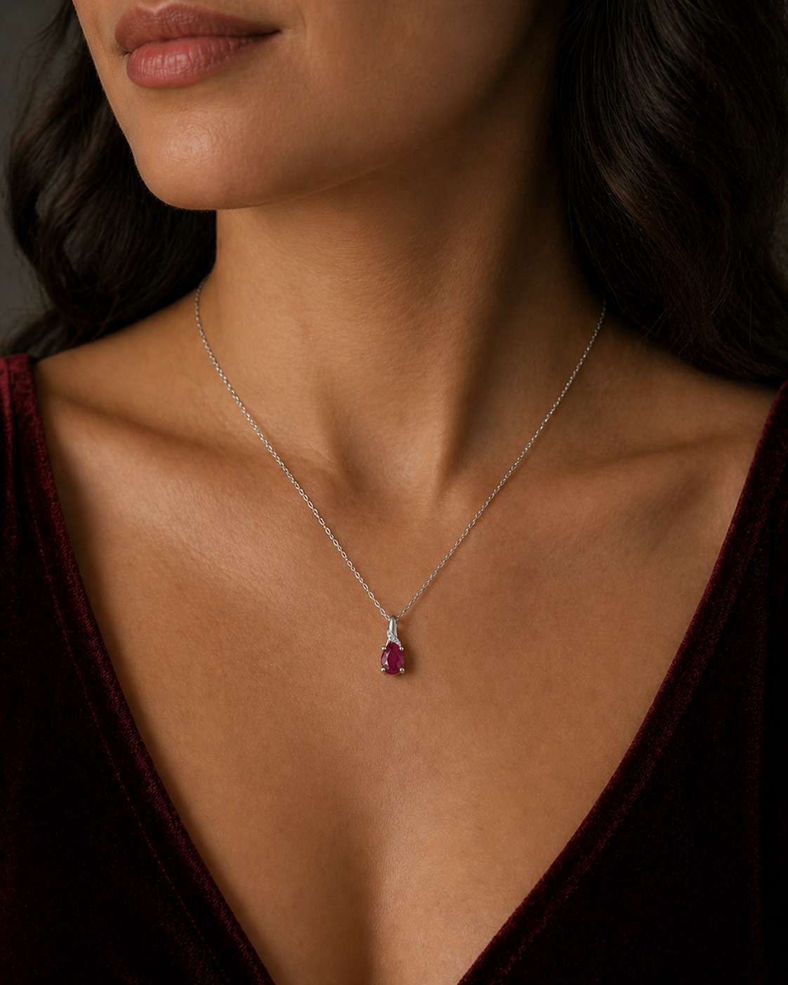 Natural Ruby Oval Pendant Real Diamond Solid White Gold 18" 46cm Length Chain