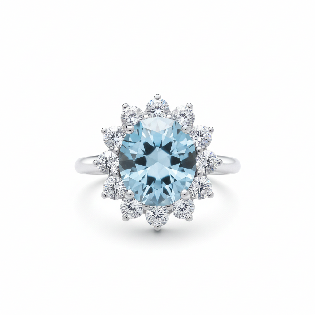Sterling Silver Large Aquamarine Ring Cluster Engagement 925 Hallmark Size K-S