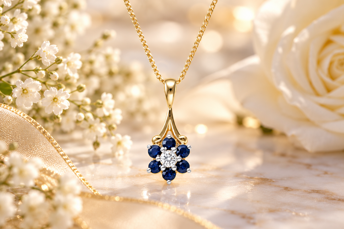 Sapphire and Diamond Pendant 9ct Yellow Gold Cluster 16 - 18" Chain Real Stones