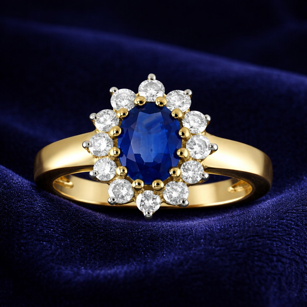 Real Sapphire and Diamond Ring 9ct Yellow Gold Cluster Engagement Hallmarked