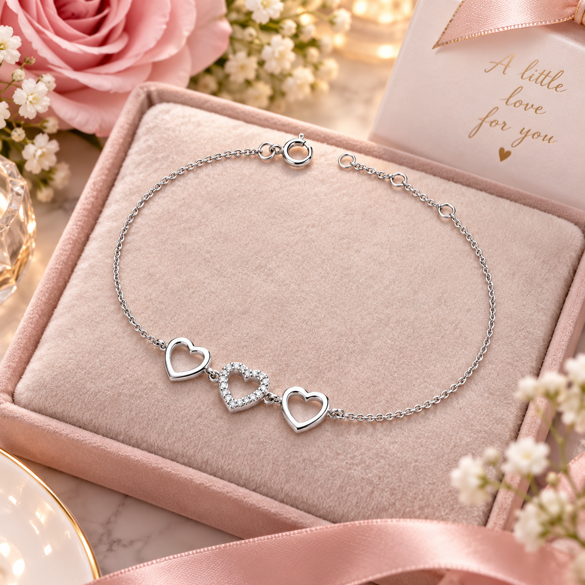 925 Sterling Silver Triple Heart Charm Bracelet Adjustable