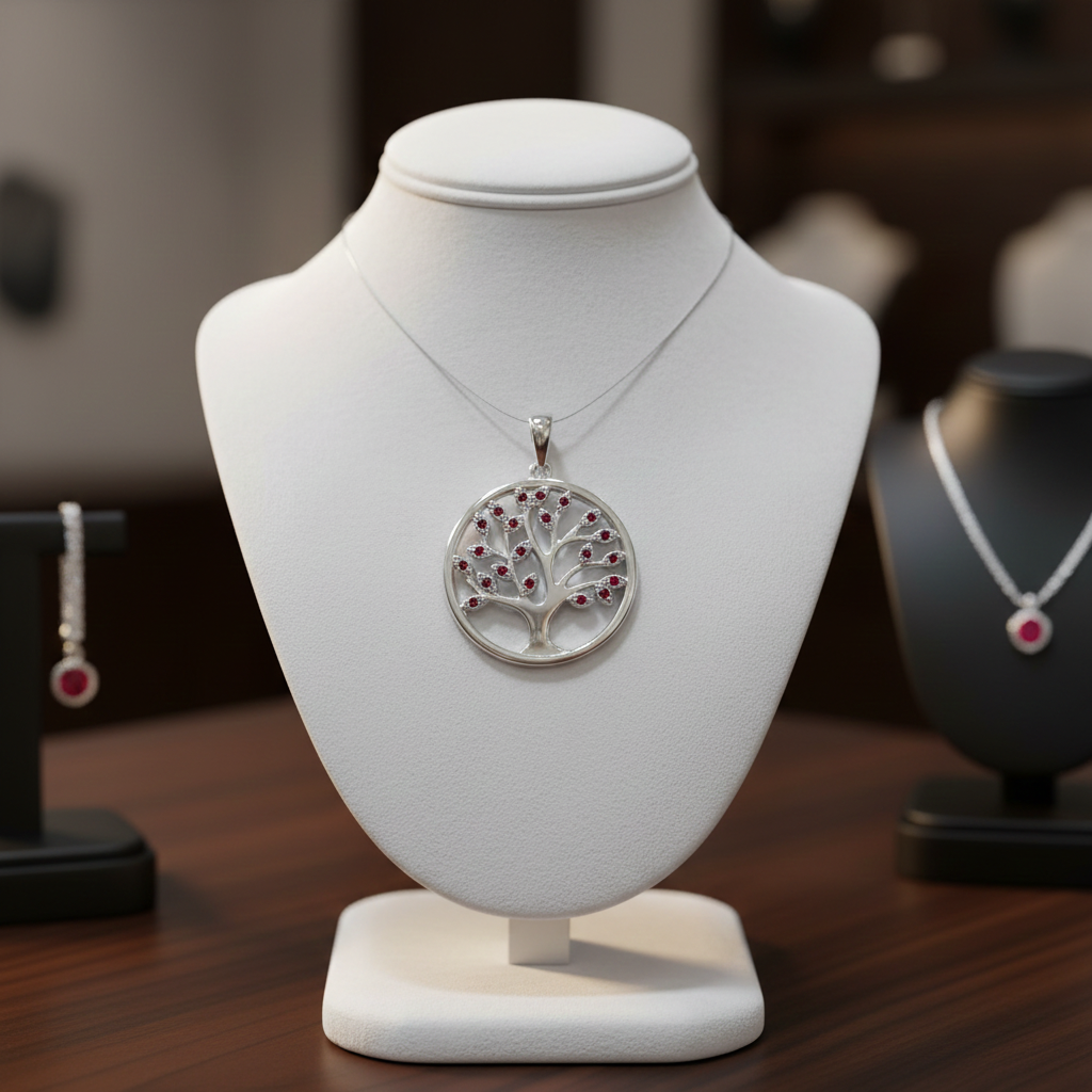 Ruby Tree of Life Pendant Solid Sterling Silver 925 Hallmark 18" Chain