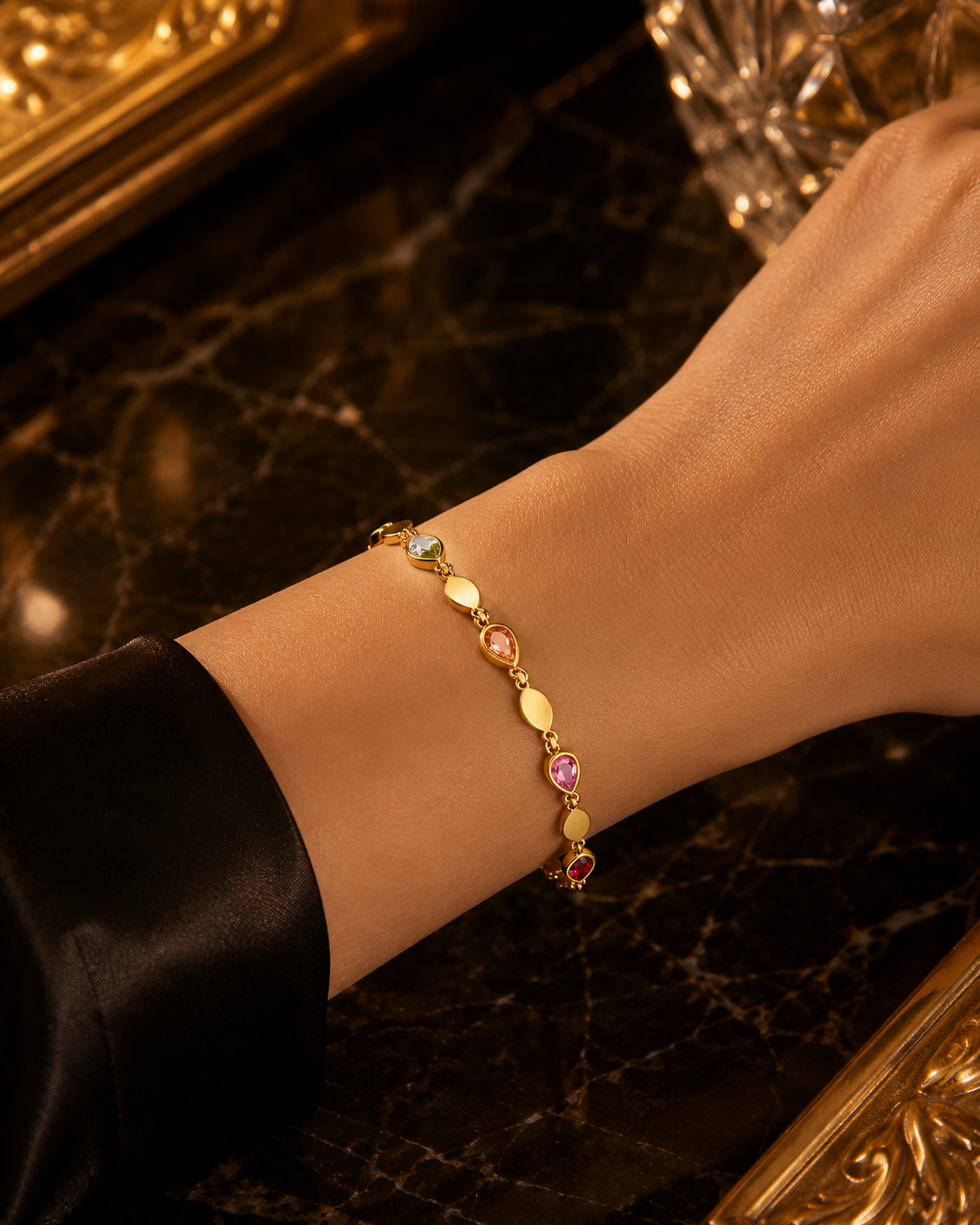 Multicolour Pear Gemstone Station Bracelet Yellow Gold 375 Hallmark 17.5-19cm