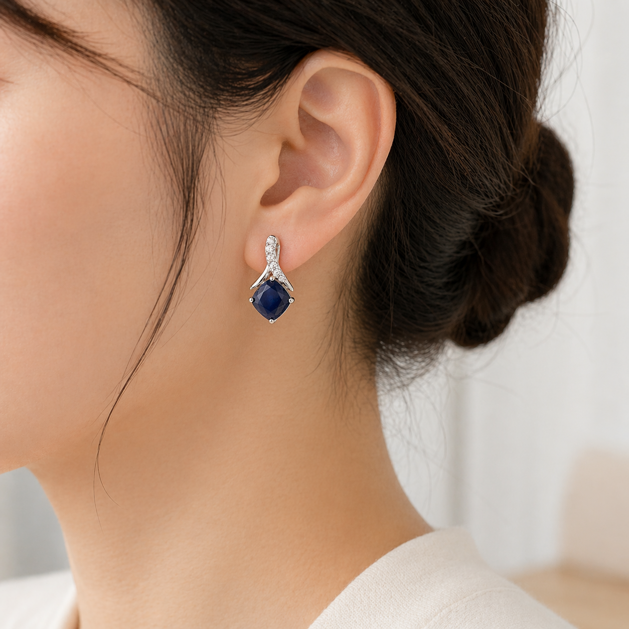 Natural Sapphire and Diamond Earrings Solid White Gold Cushion Drops Hallmarked