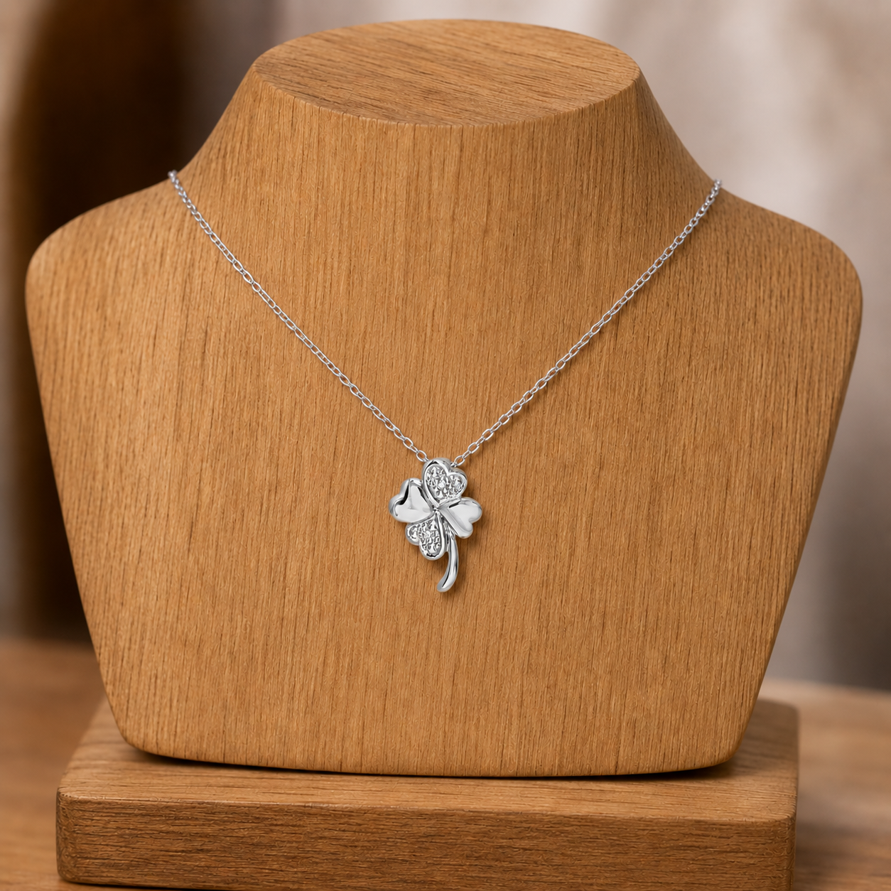 Four Leaf Clover Pendant Natural Diamond 9ct White Gold 18" Chain Hallmark