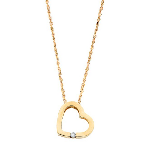 9ct Yellow Gold 0.04ct Diamond Heart Pendant with 18in/45cm Chain Made in London