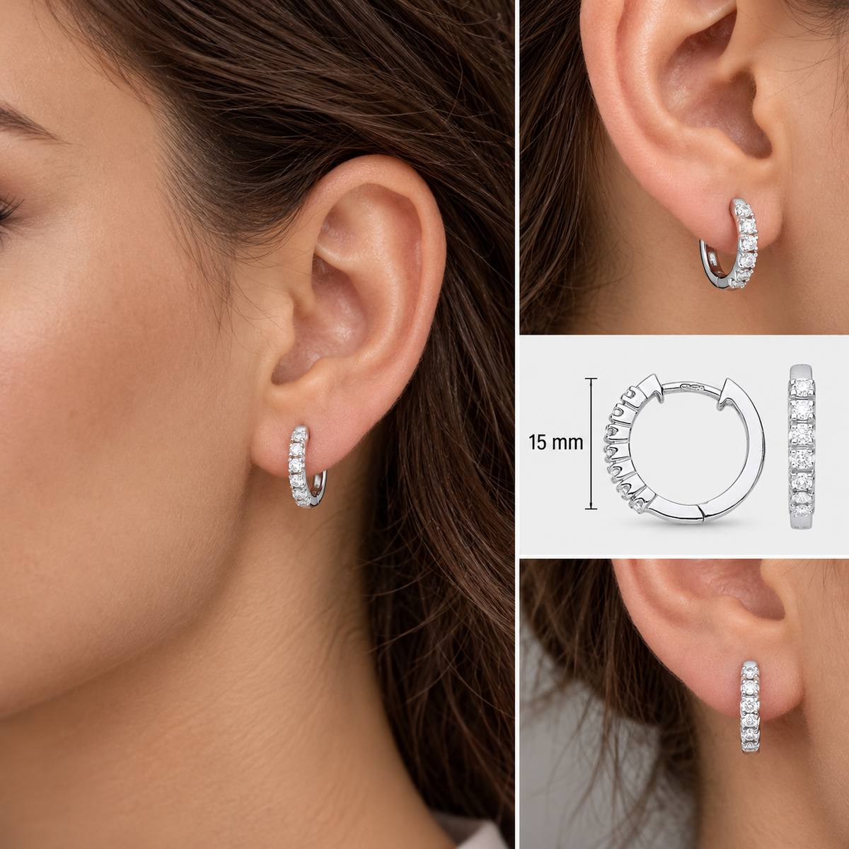 Real Diamond Huggie Hoop Earrings 9ct White Gold 15mm 0.25ctw Mined Diamonds